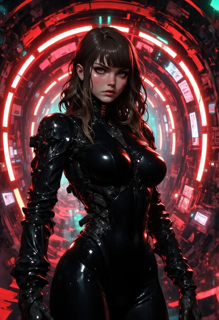 This is a highly stylized CGI rendering of a young woman standing in a futuristic, neon-lit tunnel. The background features a series of arching, glowing neon lights that create a tunnel-like effect, with red and green hues dominating the scene. The woman, who appears to be in her early 20s, has fair skin and wavy, shoulder-length brown hair with bangs. She has a slender physique and is wearing a form-fitting, black latex bodysuit with a high collar, accentuating her small to medium-sized breasts and hourglass figure. The latex material is glossy, reflecting the neon lights, giving it a sleek and futuristic appearance. Her expression is intense and slightly pensive, with her lips slightly parted and her eyes gazing directly at the camera. The overall atmosphere of the image is modern and edgy, with a strong emphasis on the contrast between the woman's dark attire and the vibrant neon lighting. The textures of the latex and the neon lights are rendered with a high level of detail, giving the image a hyper-realistic quality.
BREAK anime, OBdonman, d13s3lp2nk, mad-mdrnmnmlsm, bboil artist style