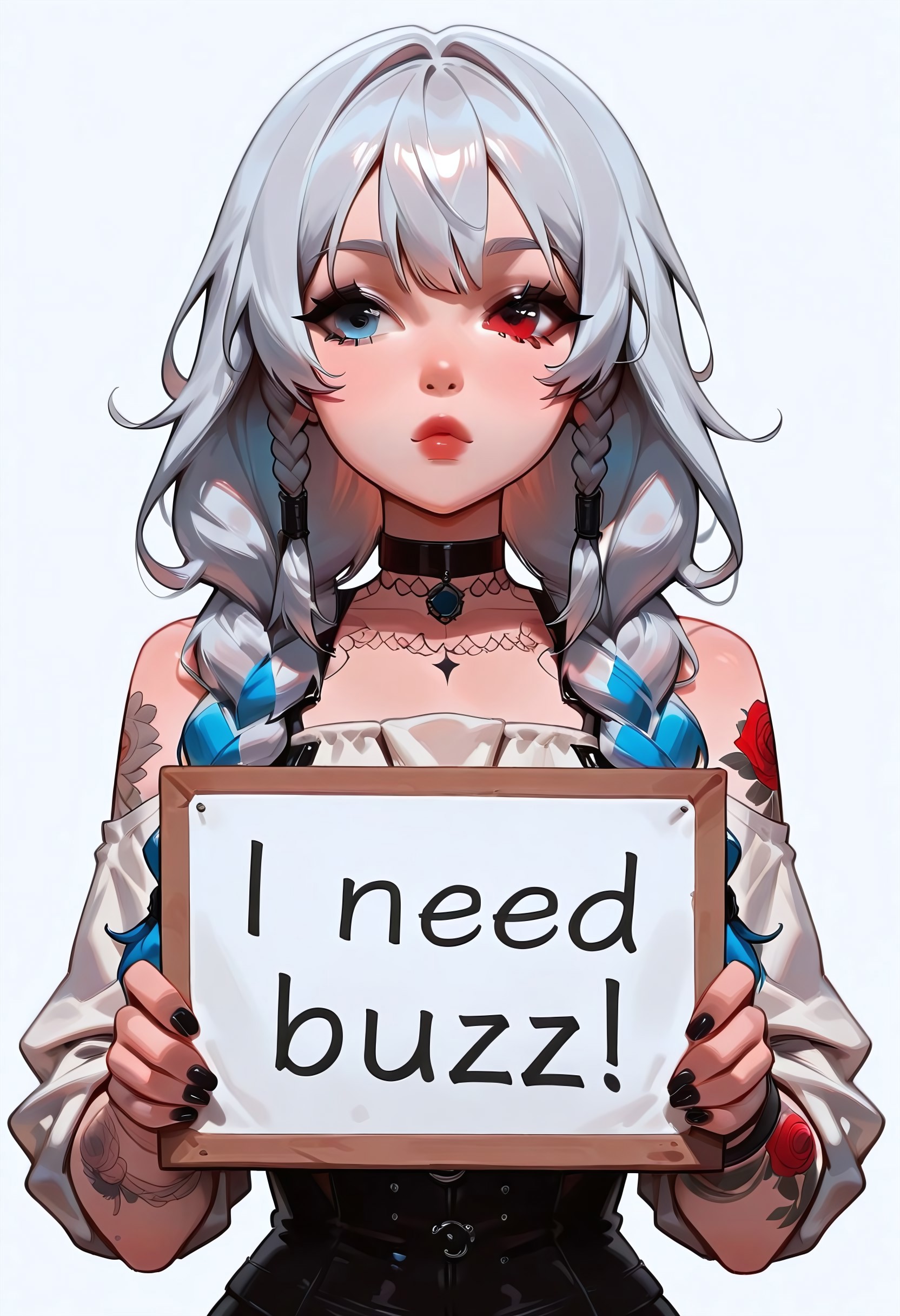 artist:moriimee, ExpresHGothicNeonIncase, need_buzz, holding sign. Heterochromia, left eye red color, right blue color, black corset and a white shirt, sleeves rolled up, arms tattoos, black choker, black fingernails,  silver long hair with braids, simple background, holding a sign with text "I need buzz!" 