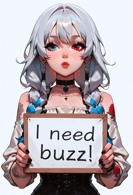 artist:moriimee, ExpresHGothicNeonIncase, need_buzz, holding sign. Heterochromia, left eye red color, right blue color, black corset and a white shirt, sleeves rolled up, arms tattoos, black choker, black fingernails,  silver long hair with braids, simple background, holding a sign with text "I need buzz!" 