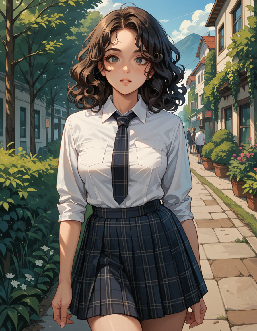 score_9, score_8_up, score_7_up, score_6_up, score_5_up, score_4_up, 1girl, long black curly hair, large breasts, hud_schgrl, white collared shirt, necktie, plaid pleated skirt, <lora:schg-000008:0.8>, outdoors