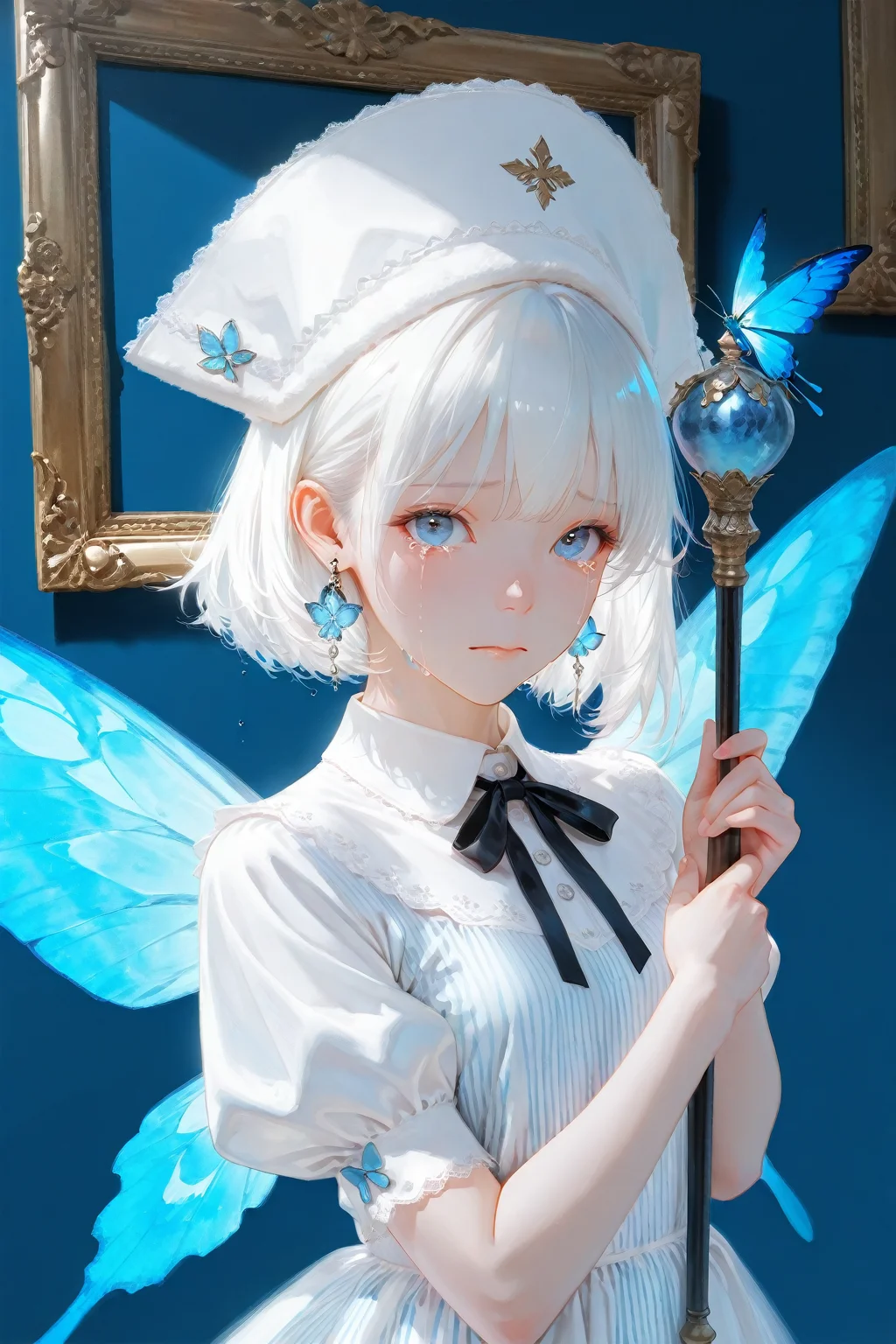 masterpiece,best quality,1girl,solo,dress,wings,blue theme,short hair,looking at viewer,hat,wand,short sleeves,white hair,puffy sleeves,butterfly,holding,bug,blue eyes,picture frame,closed mouth,holding wand,puffy short sleeves,neck ribbon,insect wings,butterfly wings,fairy wings,black ribbon,tears,striped dress,ribbon,earrings,crying,scepter,white dress,upper body,bow,striped clothes,fairy,collared dress,blue backgrounds,dynamic pose,<lora:agm-artist-richy-v1_ixl:0.7>,<lora:MatteSkin_Illustrious_v4:1>,<lora:nhl-002:0.3>,nhl-002,realistic,