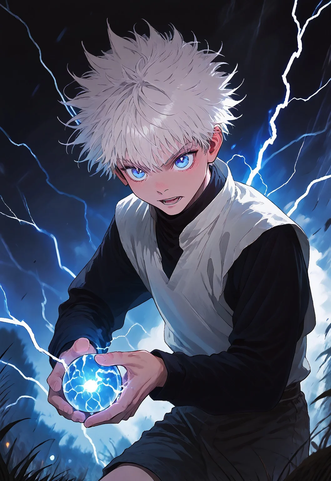 score_9_up, score_8_up, score_7_up,anime source,(realism:0.8) , best quality, lots of details, clear outline,
, 1boy, solo, 18yo, bishounen, emaciate physique , ,handsome:1.3,male focus, thin body,,blue eyestsurime,detailed eyes,male eyes, suspicious expression,light smile,opened mouth , detailed face,colorful,
killuazoldick, 1boy, solo, male focus, shorts, white hair, blue eyes, shirt, long sleeves, layered sleeves, mage cloak,skirt,
Ligmagmb, electricity, lightning, glowing,Lighting magic ball on hands,
perfect shooting angle,
outdoor , grass, many
mushrooms, magic bottles,
great anatomy,
