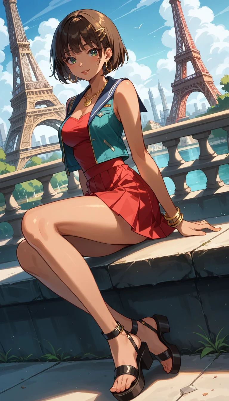 score_9, score_8_up, score_7_up, Anime Style, Full Body Shot, Nadia la Arwall, cute, seductive, innocent, light smile:0.3, plump lips, slender body, black hair, bob cut, caramel tan skin, green eyes, gold necklace, strapless red vest, gold hoop earrings, two hair clips on the sides, Short red skirt Sailor, sitting on a bench along the seine river, flat leather sandals, Eiffel Tower background, depth of field, dynamic angle, fashion photography, sharp, hyperdetailed:1.15