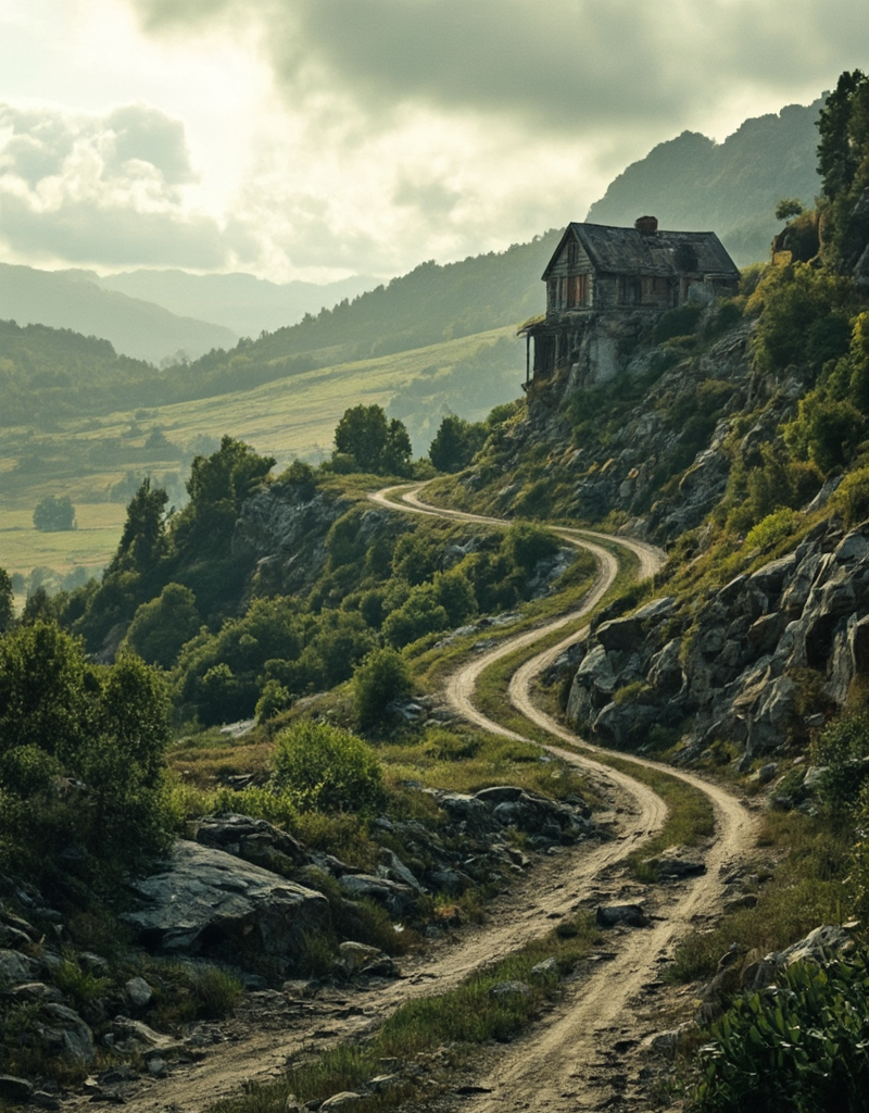 <lora:City_Worlds_01_v1_Roads_flux:1> realistic photo of citybkg, day, clouds, sunny, ambiance, detailed, futuristic, vegetation, ambiance, day, clouds, very detailed, illuminated, mist, day, sun shades, hill road, from tail, vegetation, big rocks, sinuous road, fields, forest, dirty muddy broken road, cracked road with grass, old abandonned house, creepy,