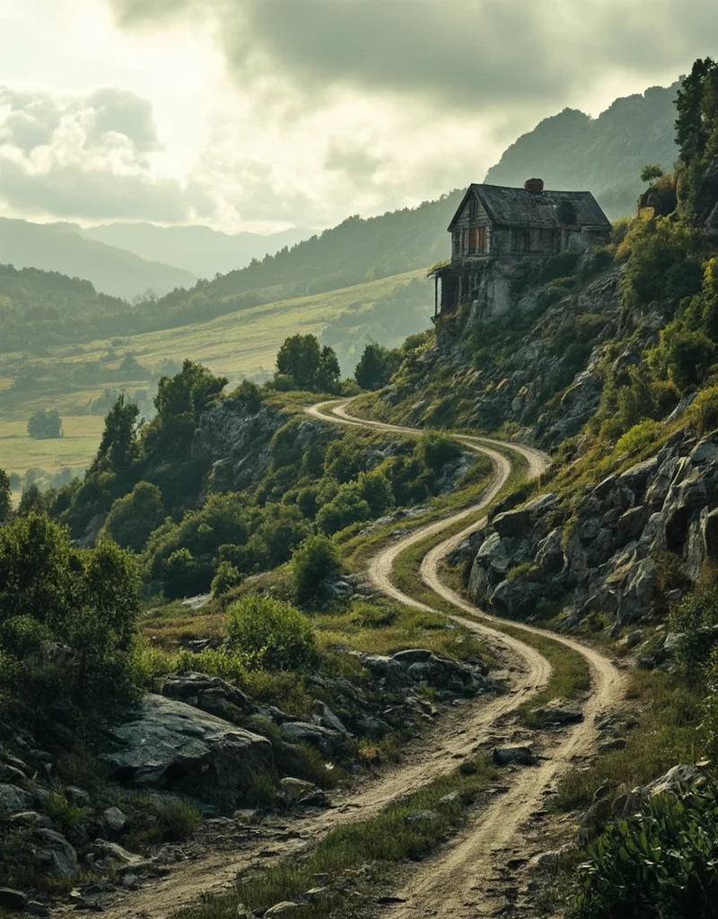 <lora:City_Worlds_01_v1_Roads_flux:1> realistic photo of citybkg, day, clouds, sunny, ambiance, detailed, futuristic, vegetation, ambiance, day, clouds, very detailed, illuminated, mist, day, sun shades, hill road, from tail, vegetation, big rocks, sinuous road, fields, forest, dirty muddy broken road, cracked road with grass, old abandonned house, creepy,