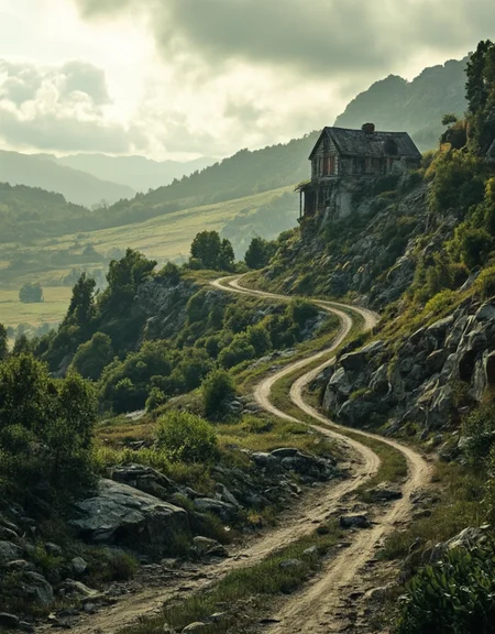 <lora:City_Worlds_01_v1_Roads_flux:1> realistic photo of citybkg, day, clouds, sunny, ambiance, detailed, futuristic, vegetation, ambiance, day, clouds, very detailed, illuminated, mist, day, sun shades, hill road, from tail, vegetation, big rocks, sinuous road, fields, forest, dirty muddy broken road, cracked road with grass, old abandonned house, creepy,