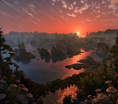 RAW photo, (masterpiece:1.3), subsurface scattering, heavy shadow, (high quality:1.4), (intricate, high detail:1.2), professional photography, HDR, High Dynamic Range, realistic, ultra realistic, photorealistic, high resolution, film photography, ambient lighting, atmospheric effects, <lora:detail_slider_v4:2>, OverallDetail,  <lora:Morrowind:1>, Morrowind, landscape, the coast, water, trees, giant mushrooms, dusk, dust in the air, red sky, , epiCPhoto