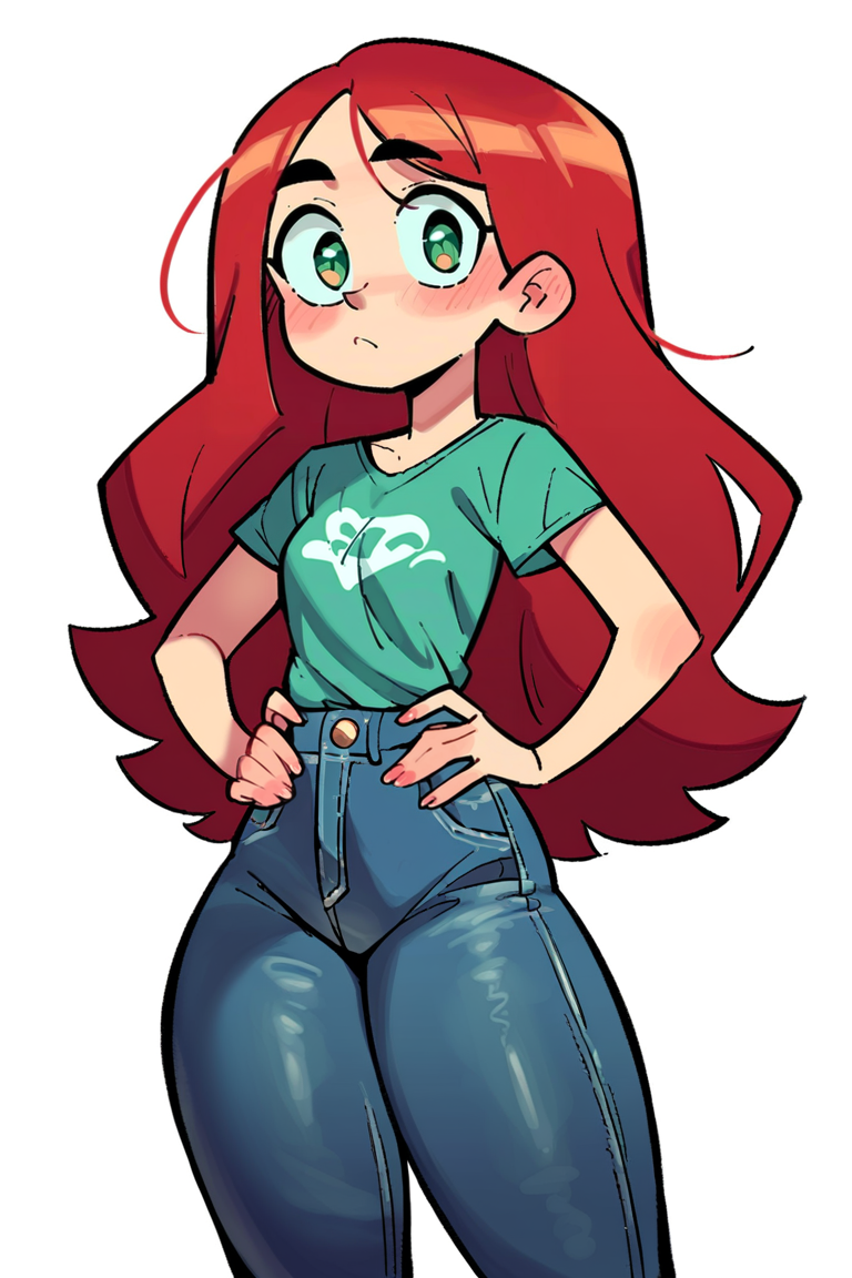 <lora:MangaMaster:1>, score_9, score_8_up, score_7_up, score_6_up, score_5_up, rating_questionable, source cartoon
1girl, pretty face, pretty eyes, detailed eyes, HD eyes, thick thighs
hands on hips, standing, cowboy shot
looking at viewer, blush, eyebrows, long hair, red hair, green eyes jeans, green t-shirt, boots, high waisted jeans
simple background, white background