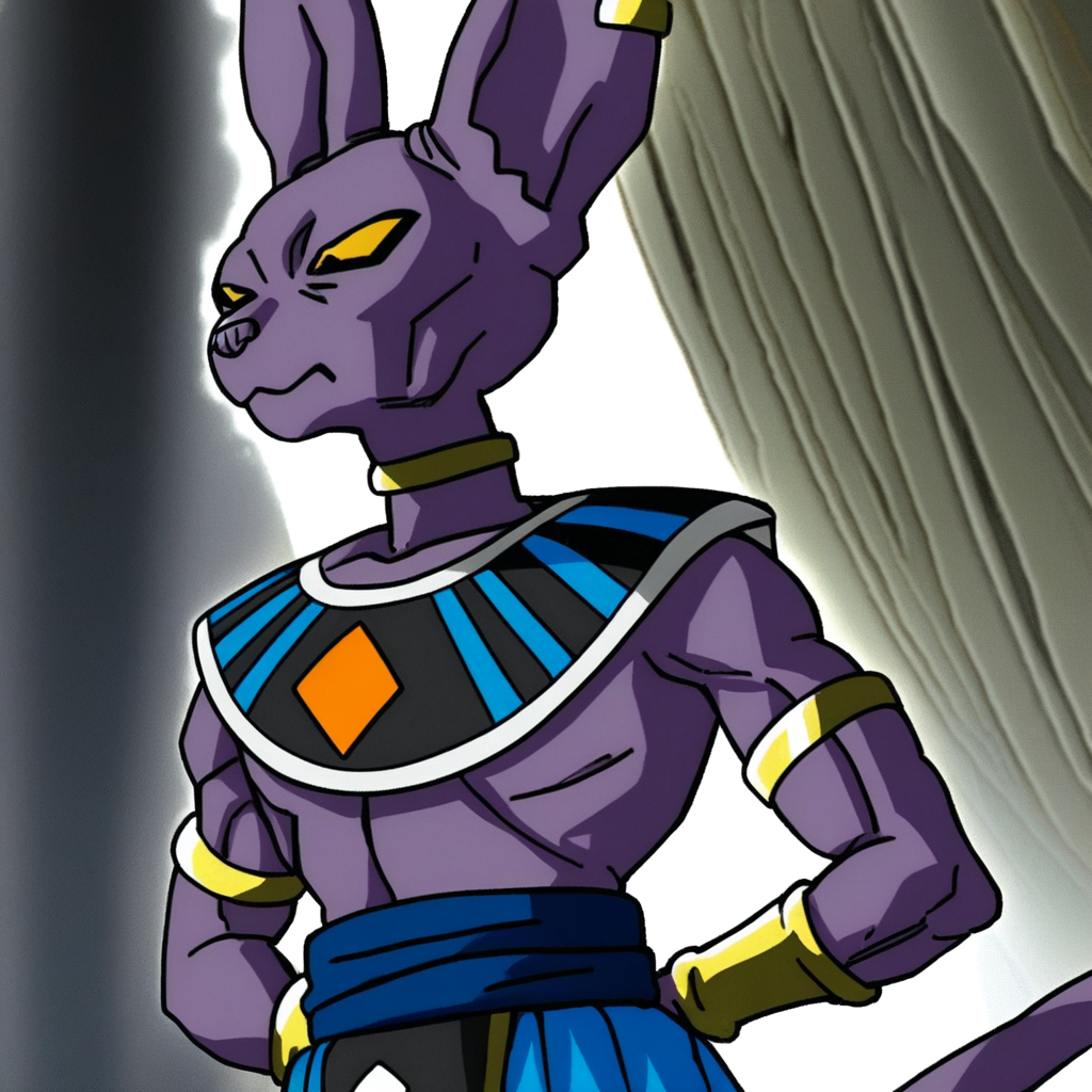 beerus, score_9, source_anime, 1boy, solo, egyptian clothes, jewelry, purple skin, yellow eyes, furry, earrings, tail, armlet, neck ring