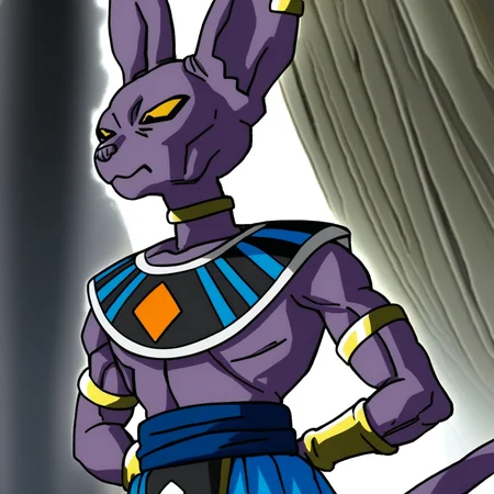 beerus, score_9, source_anime, 1boy, solo, egyptian clothes, jewelry, purple skin, yellow eyes, furry, earrings, tail, armlet, neck ring