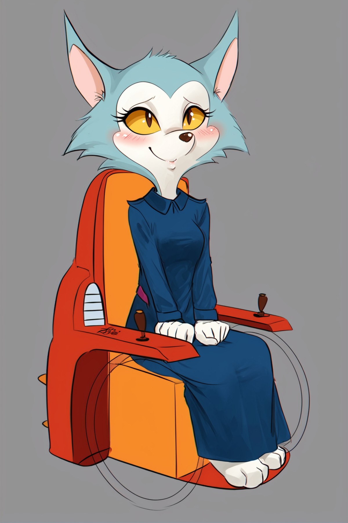 score_9,score_8,score_7,source_furry,
<solo:2.5>,
<1girl:1.5>,
fox,fox girl, blue fur, blue skin, tail, fox ears, fox tail, carmen_patrol_03,
carmen_patrol_03, carmen_fox, fox, fox girl, fanart, 1girl, furry, furry female, animal ears, blush, smile, sitting, solo focus, dress, grey background, yellow eyes,chair,wheelchair,
( art by omone hokoma agm ) ,,
 <lora:Carmen_Fox_Patrol_03:1> carmen_patrol_03