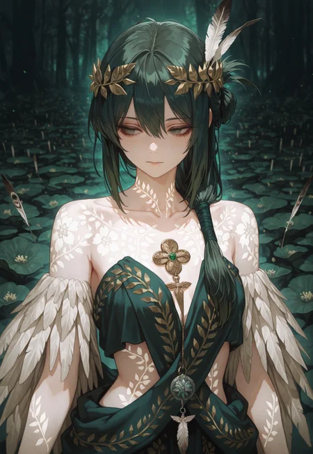 masterpiece, best quality, newest, absurdres, highres, 1girl, pale elven female, long dark green hair tied into elaborate knotwork, vibrant floral body paint across collarbone and arms, loosely wrapped ceremonial fabric with feather trim, etched charm pendant hanging from hair, calm and grounded aura

