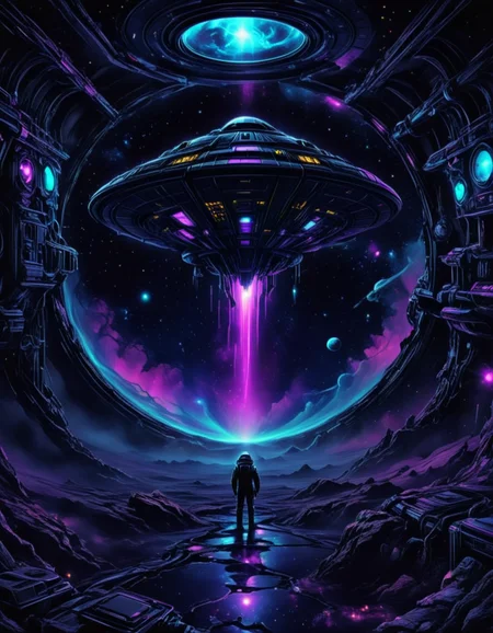 novuschroma80 style investigating an abandoned spaceship drifting through space blacklight art <lora:novuschroma80 style:1> <lora:FaeTastic Details:1>