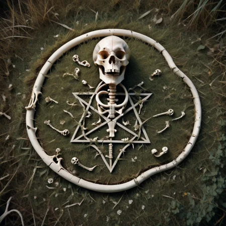 Photography.
score_9, score_8_up, score_8, score_9, masterpiece, ultra high quality, hd render, satan, satan symbols, pentagram, snakes, no humans, pentagram made of bones, bones on grass, view from above