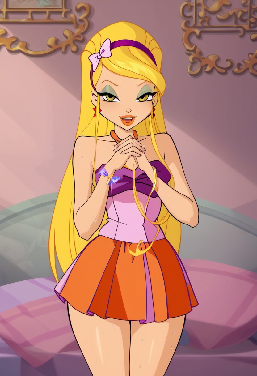 score_9, score_8_up, score_7_up, realistic, realism, HD, perfect quality, 16k, very detailed, realistic lighting, photo, photorealistic, realistic detailed face, BREAK, (((good_hands))), (((perfect eyes, bedroom eyes, (light smile:0.5)))), BREAK, solo, 1girl, (((Winx Club Season 5, Stella, blonde hair, long hair, yellow eyes, blonde hair, orange lips, mint eyeshadow, ))), ((sweaty skin:1.2)), sensual eyes, looking at viewer, nervous, seductive, medium body size, slightly small neck, plumb body, voluptuous hips and thighs, curvy body size, (((medium breasts, wide hips, microwaist, big ass))), nooganugnugs, perfect thighs, perfect legs, anatomically correct, (obese female:-1.0), (plump saggy breasts:0.5), BREAK, 1girl, blonde hair, long hair, dress, hairband, jewelry, high heels, closed eyes, earrings, purple footwear, smile, solo, makeup, very long hair, bracelet, bow, lipstick, open mouth, own hands together