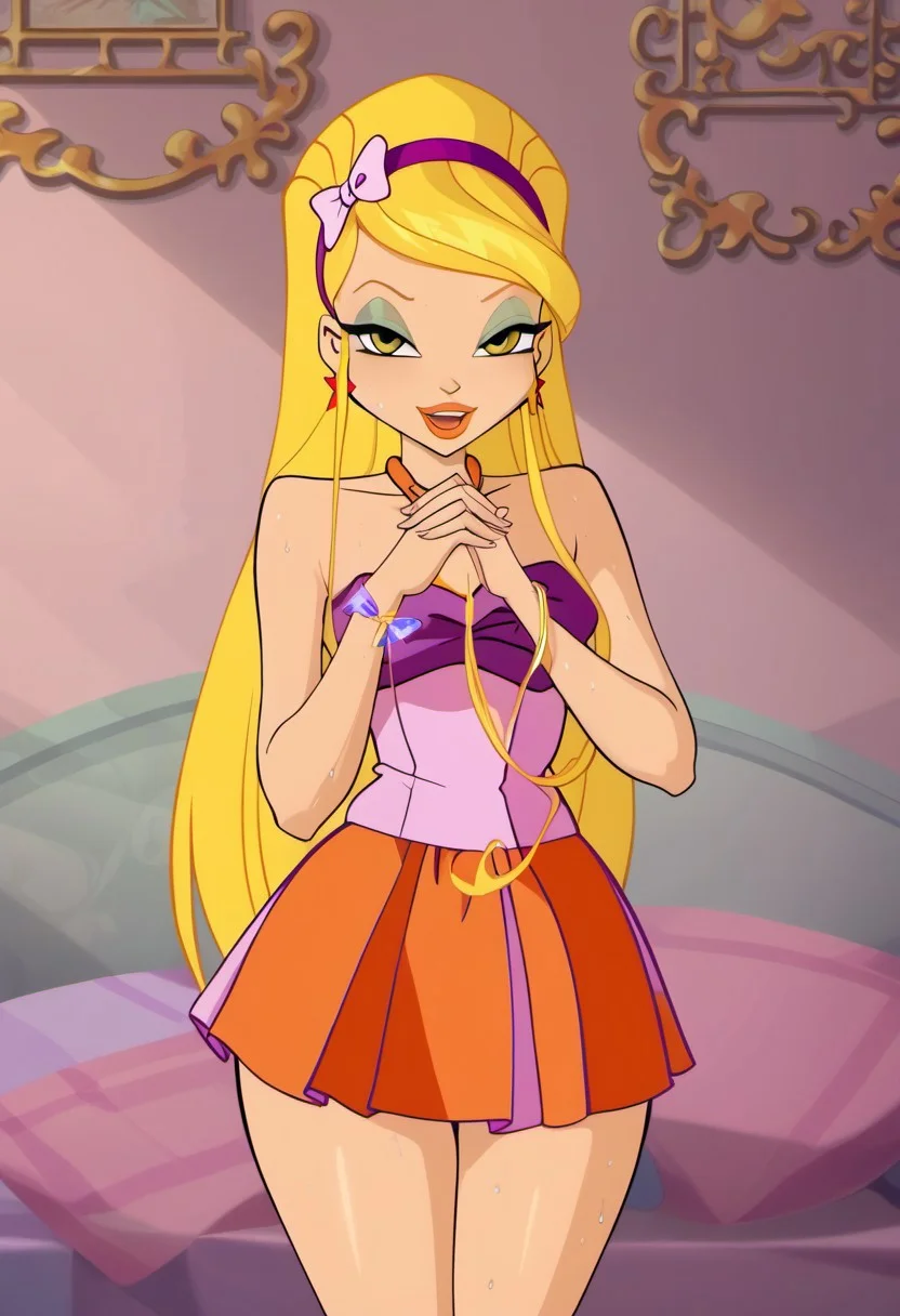 score_9, score_8_up, score_7_up, realistic, realism, HD, perfect quality, 16k, very detailed, realistic lighting, photo, photorealistic, realistic detailed face, BREAK, (((good_hands))), (((perfect eyes, bedroom eyes, (light smile:0.5)))), BREAK, solo, 1girl, (((Winx Club Season 5, Stella, blonde hair, long hair, yellow eyes, blonde hair, orange lips, mint eyeshadow, ))), ((sweaty skin:1.2)), sensual eyes, looking at viewer, nervous, seductive, medium body size, slightly small neck, plumb body, voluptuous hips and thighs, curvy body size, (((medium breasts, wide hips, microwaist, big ass))), nooganugnugs, perfect thighs, perfect legs, anatomically correct, (obese female:-1.0), (plump saggy breasts:0.5), BREAK, 1girl, blonde hair, long hair, dress, hairband, jewelry, high heels, closed eyes, earrings, purple footwear, smile, solo, makeup, very long hair, bracelet, bow, lipstick, open mouth, own hands together