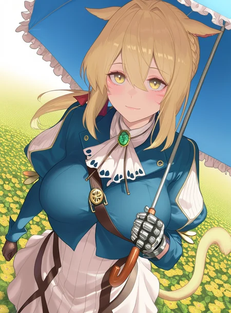 masterpiece, best quality, very aesthetic,gloss,uncensored,outdoors, flower field, 
BREAK
1girl, miqo'te, cat tail, cat ears, blonde hair, yellow eyes, hair over one eye, long hair, low ponytail, standing, upper body, large breasts, violet evergarden \(series\), blue dress, bolo tie, white skirt, blue umbrella, wind, wind lift, afloat leaves, from above, dutch angle, foreshortening, holding umbrella, ascot, frilled umbrella, looking up, mechanical hands, 
<lora:uo_denim-illu-fandingo:1>
