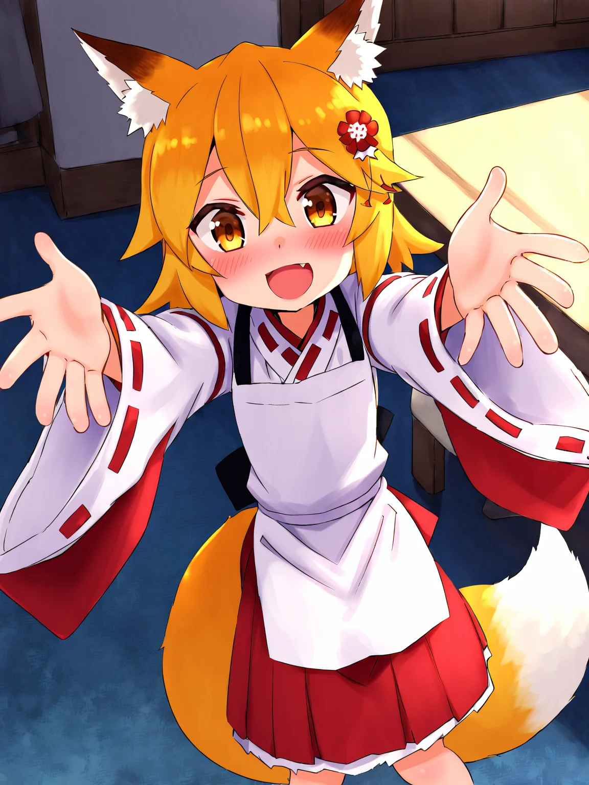 score_8_up, score_7_up, score_6_up, best quality, masterpiece, uncensored, source_anime, by aaaa \(quad-a\),
BREAK
sen, blonde hair, animal ears, fox ears, blush, animal ear fluff, hair ornament, fox girl, hair flower, hair between eyes, short hair, fox tail, tail, flat chest, yellow eyes, young girl
BREAK
indoors, miko, apron japanese clothes, ribbon mesh sleeves, outstretched arms, happy, from above
<lora:senko_ponyxl_v2:1>