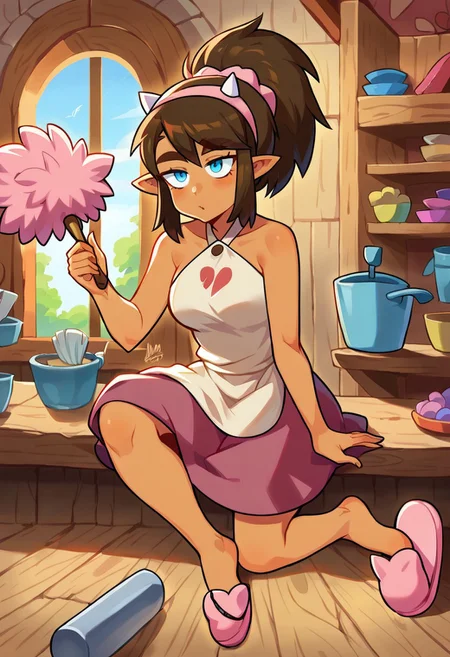 score_9, score_8_up, highres, detailora, 2d, 1 girl, (dofsimone, simoneapron, pink headband, halterneck, bored eyes, tan skin color, blue eyes, thick eyelashes, brown hair, slightly messy hair, long hair, fluffy fringe side bangs, big high round ponytail, pink scrunchie, short white horns on head, small elf ears, thin brown eyebrows, beige apron, broken heart patch (skirt), magenta skirt, pink slippers), at rustic house, holding duster, pink duster, cleaning wooden shelf