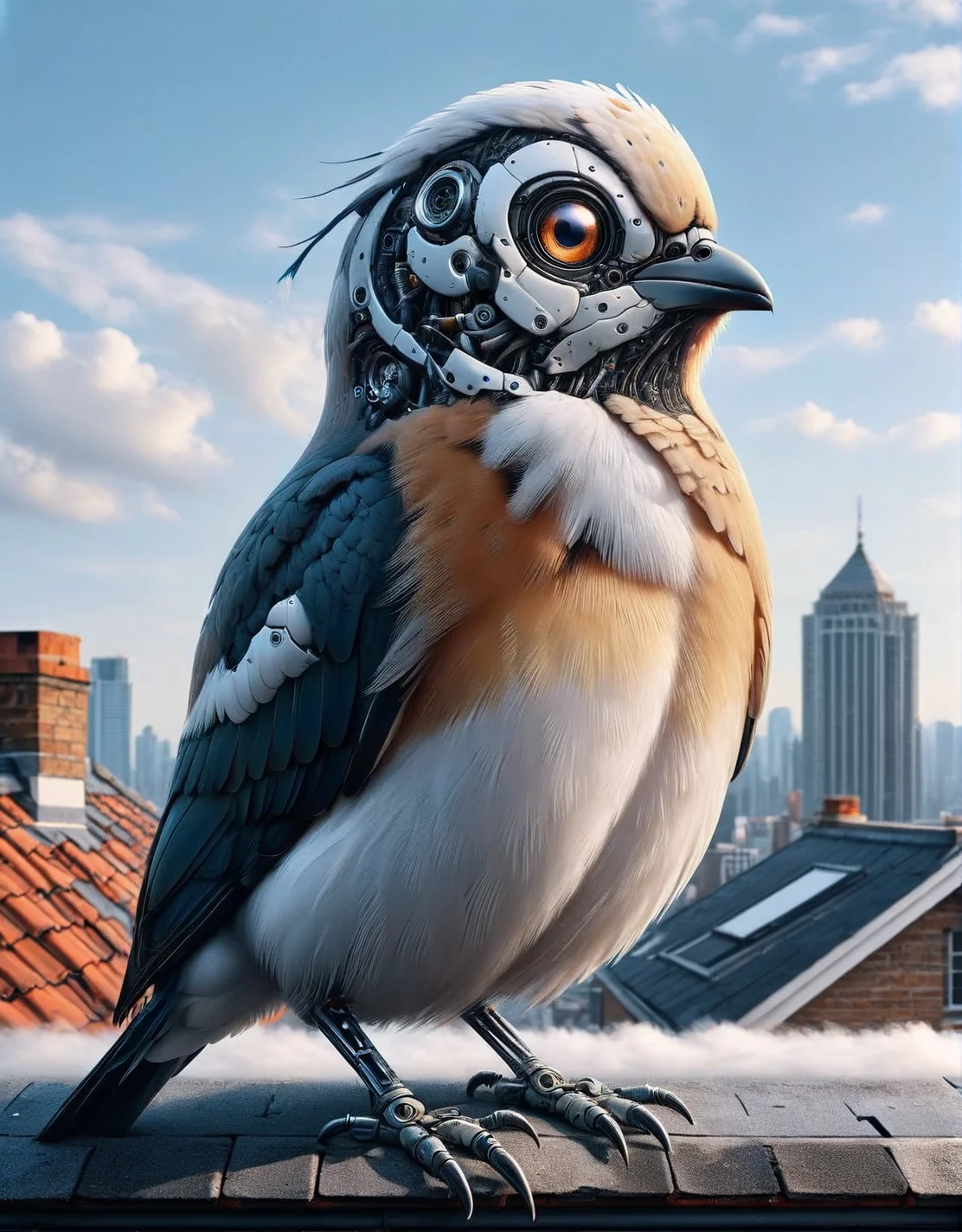 An ais-rbts bird on a rooftop <lora:ais-rbts-sdxl:1>, masterpiece, uhd, 4k