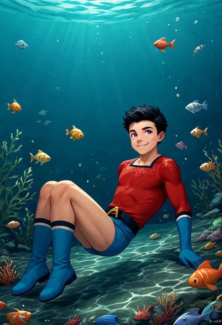 score_9, score_8_up, score_7_up, 1boy, solo, male focus, cute boy, young, Aqualad, Black Hair, Purple eyes, seductive smile,l, floating underwater, Red Scale Shirt, fish scales pattern, Blue Speedo, Blue Shorts, Male Swimwear, Blue Gloves, Blue Boots, Belt