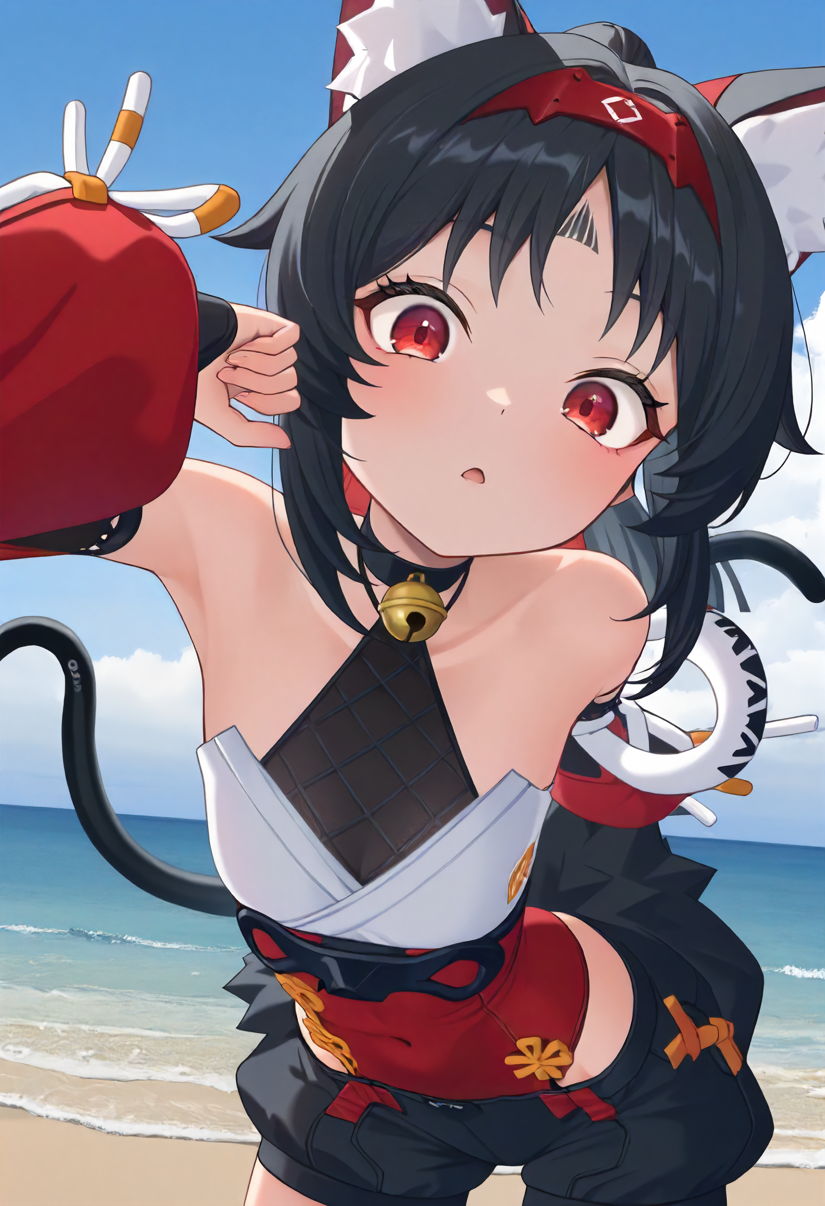 masterpiece, best quality, amazing quality, very aesthetic, absurdres, newest, scenery, volumetric lighting, perfect eyes, ultra detailed,
1girl, Nekomiya Mana, solo, black forehead tattoo, cat ears, red hair band, black hair, ponytail, red ponytail lace, red eyes, 
choker, cat bell, black mesh, white top, white sleeve laces, detached sleeves, red sleeves, red sash, black shorts, two tails, tail fluff, 
closeup, beautiful face, looking at viewer, surprised face, leaning forward, hands to the sides,
beach, ocean, horizon, clouds, organe sky, detailed background, beautiful frame,
<lora:Nekomiya_Mana__Nekomata_-_Zenless_Zone_Zero_ZZZ__Illustrious:1>
masterpiece, best quality, amazing quality, very aesthetic, absurdres, newest, scenery, volumetric lighting, perfect eyes, ultra detailed,