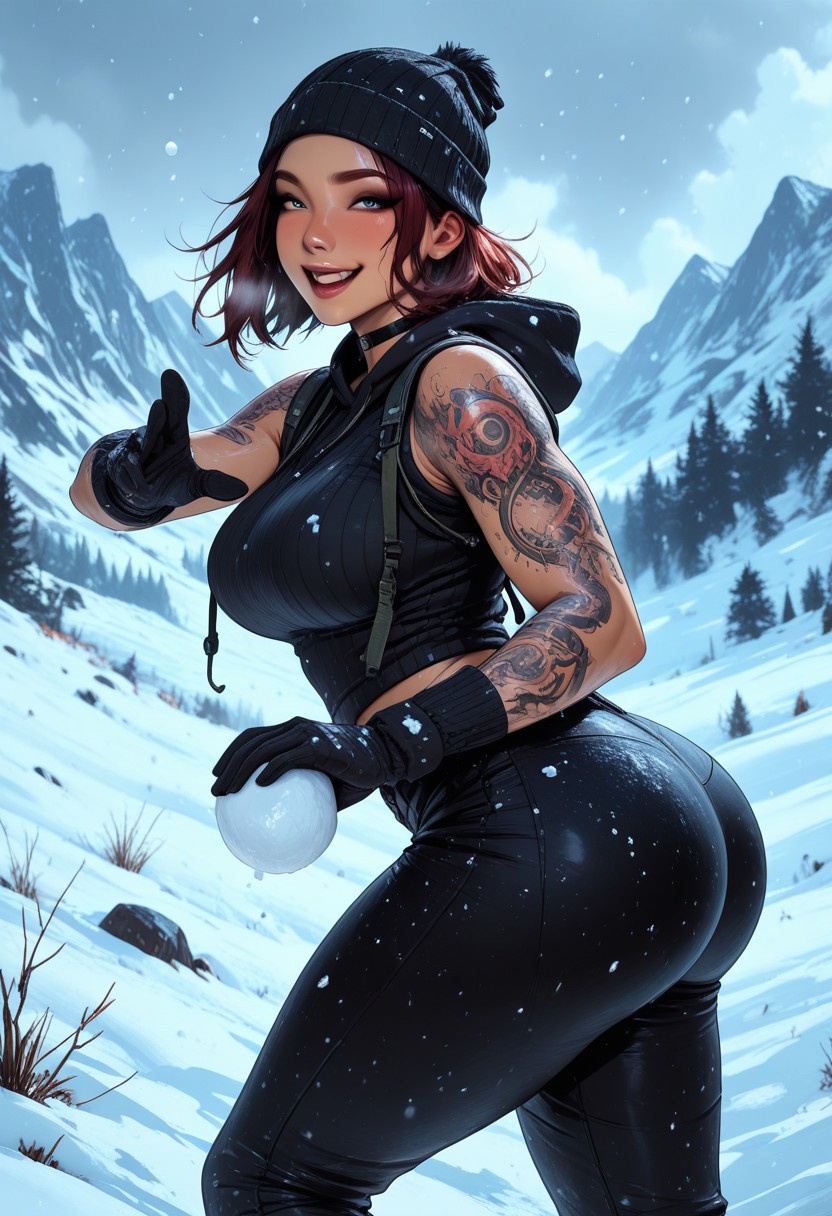 highres, very detailed, amazing quality, masterpiece,
very aesthetic,
glitter, particle effect,
1girl, solo, tan skin, toned arms, Covered in Tattoos, tattoo, arm tattoos, neck tattoos, chest tattoos, hoodie, pants, beanie, large breasts, large ass, covered by pants, choker, knit gloves, visible shoulders, sleeves rolled up, forearms visible, 
seducing, seductive, flirty, tender, loving, playful, looking at viewer, laughing, smiling, playing in the snow, snowball, throwing snowball, slutty,
Hiking on a mountain, snowing, Cloudy Sky,
View from the front, front view,