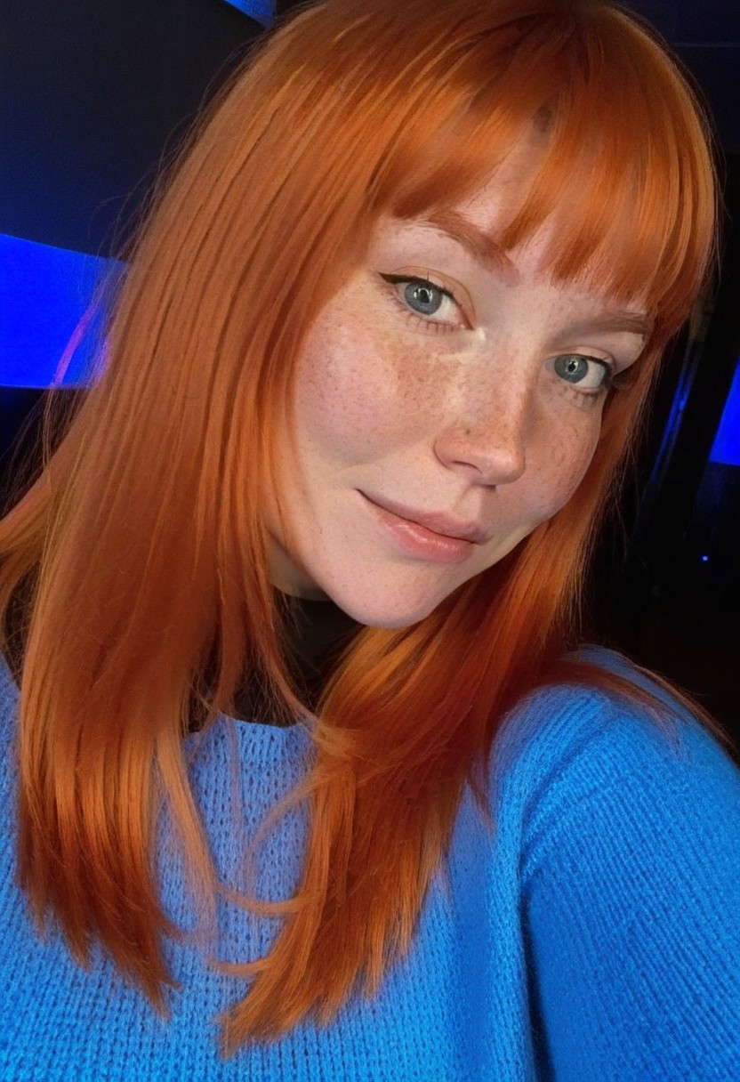 fair skin with freckles, long hair, very long hair, long straight orange hair with a reddish tint, straight hairstyle, bangs,
cool artificial lighting, wearing a bright blue knit sweater, bright blue eyes, medium-length brown hair, wearing a black high-neck sweater, 
light smile with a hint of contemplation.