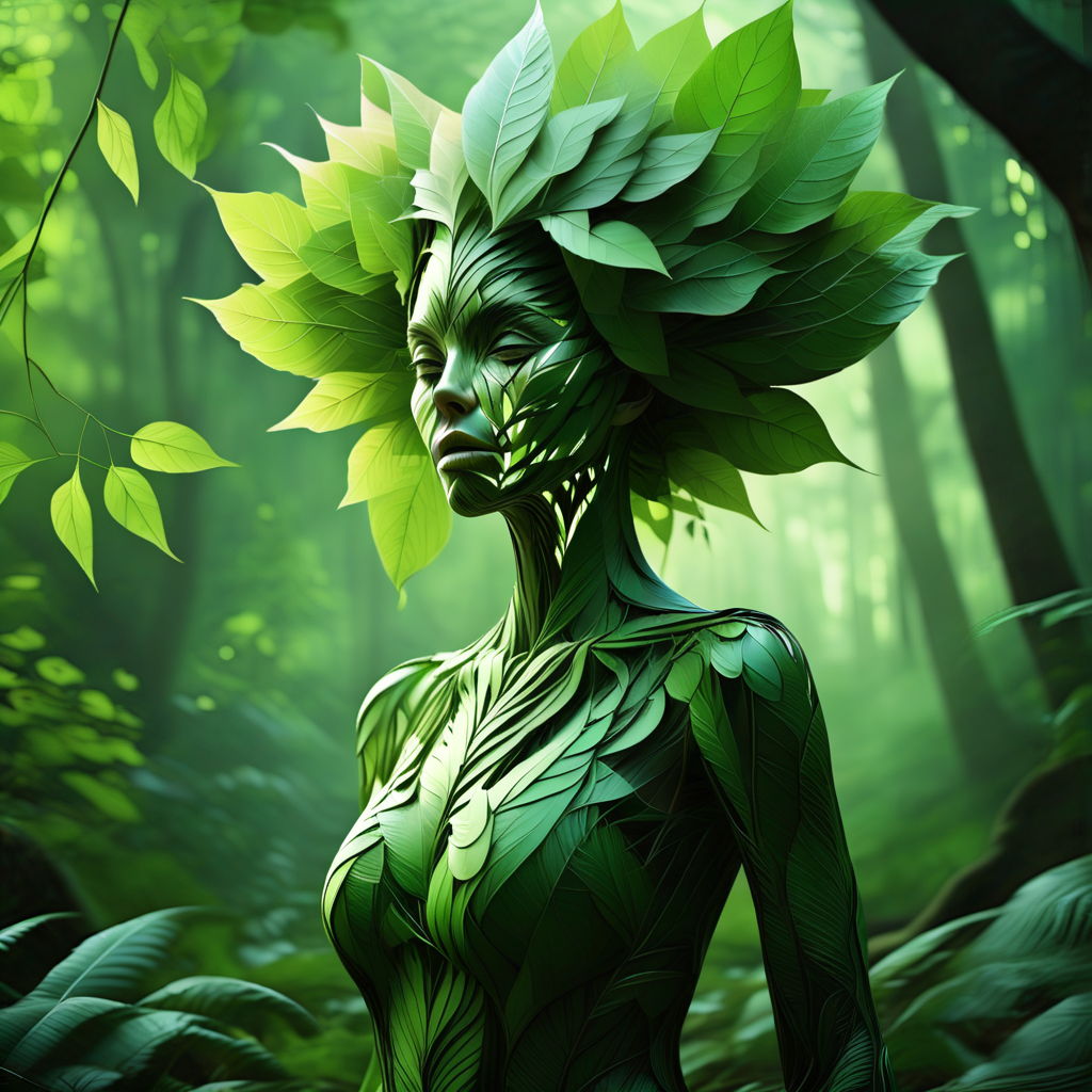 1female, Leaves_Fantasy, green leaves, forest background