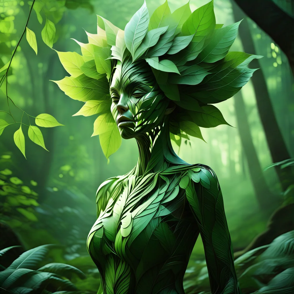 1female, Leaves_Fantasy, green leaves, forest background