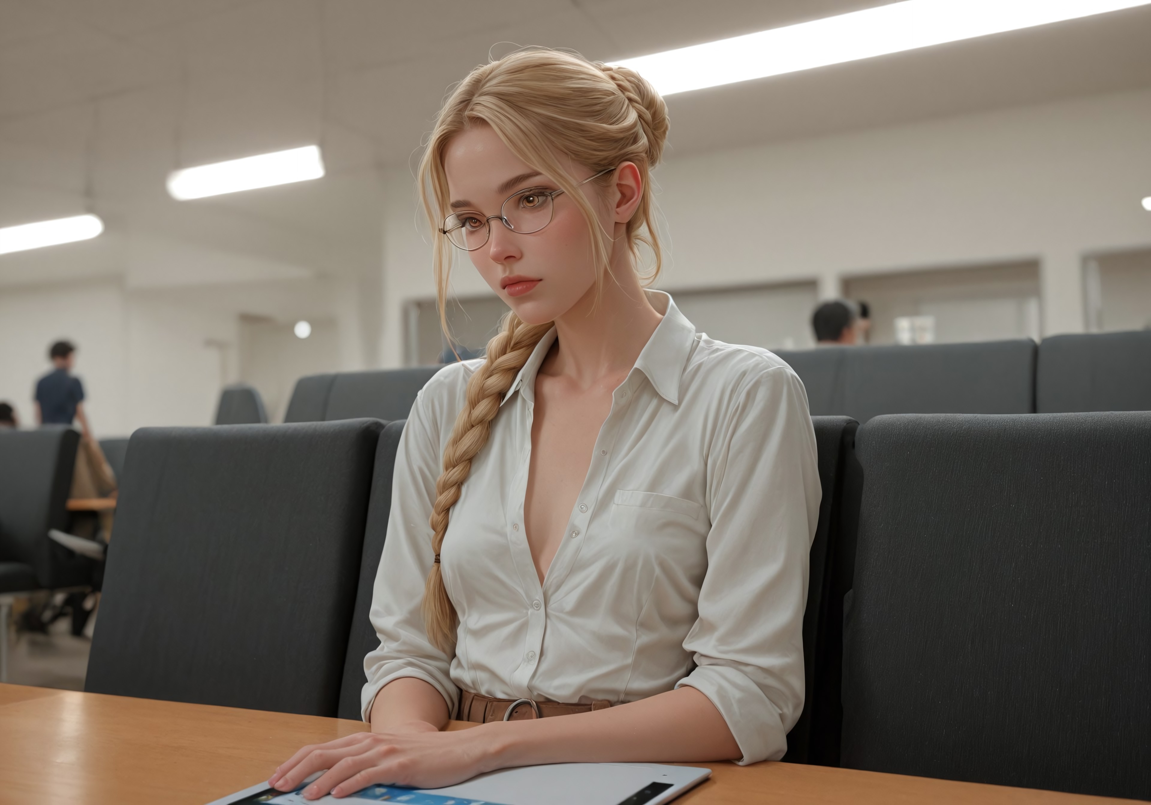 score_9, realistic pic, high detailed, cute female, orange eyes, blond ginger hair, big braided hair bun, (athleitc body:1.1), small breasts, (narrow waist:1.2), (wide hips:.8), realistic fair skin, sitting in a lecture hall as student, wearing glasses, wearing casual clothes, looking on tablet on her table, concentrated face, wide angle view