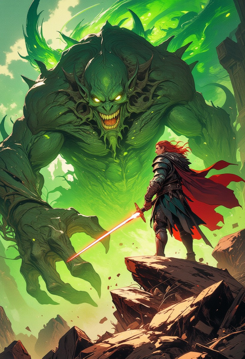 8k high quality digital painting, masterpiece, very detailed, best quality, very detailed epic masterpiece. This is a vivid, high-quality digital illustration in a fantasy genre, depicting a dramatic scene set in a desolate, otherworldly landscape. The image features a heroic warrior standing on a rocky outcrop, facing off against a monstrous, green-skinned creature with a terrifying, open-mouthed expression and sharp fangs. The warrior, who appears to be a male with long, flowing red hair, is dressed in medieval-style armor with a dark cloak billowing in the wind. He holds a glowing red lightsaber in his right hand, poised for battle. The monster's eyes glow with an eerie, yellow light, and its body is muscular and grotesque, with tentacles and spikes protruding from its back. The creature's mouth is wide open, revealing sharp teeth, and it appears to be emitting a green, ethereal glow from its chest. The background is a hazy, misty green, with a distant, partially obscured castle or fortress visible in the upper left corner, adding to the otherworldly atmosphere. The foreground is dominated by the rocky terrain, with scattered boulders and debris around the warrior. The overall color palette is dominated by greens, reds, and blacks, creating a stark contrast that emphasizes the intensity of the scene. niji_flux, DB4RZ, DB4RZ style painting, green sphere on the background