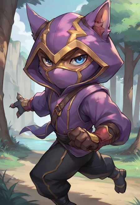score_9, score_8_up, score_7_up, score_6_up, 1boy, solo, k3nn3n, hood, mask, yordle, solo, 1boy, male focus, hood up, blue eyes, pants, gloves, outdoors, looking at viewer, solo, from side, <lora:Kennen_Default_v2-000028:0.6>
