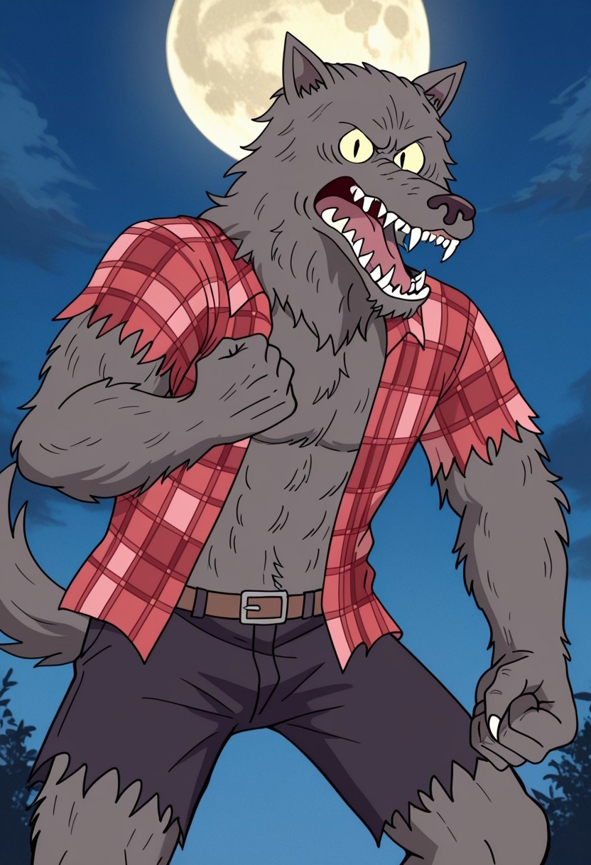 score_9_up, score_8_up, score_7_up, detailed, high quality, masterpiece, best quality, amazing quality, solo, male, anthro, w0lfhard, werewolf, grey fur, dark brown nose, yellow sclera, slit pupils, sharp teeth, claws, tail, open torn red plaid shirt, brown belt, torn purple-grey short pants, closeup, standing, looking at viewer. squinting, snarling, one raised hand, one arm down, clenched fist, outdoors, fields, full moon.