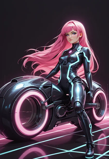 score_9, score_8_up, score_8, masterpiece, best quality, good quality, very aesthetic, absurdres, newest, 8K, depth of field, focused subject, dynamic angle, side view, 1girl,solo, CivChan, holofoil glitter, faint, glowing, ethereal, neon hair, glowing hair, long hair, purple eyes, looking sweet, coy, sci-fimasterpiece, best quality, good quality, very aesthetic, absurdres, newest, 8K, depth of field, focused subject, dynamic angle, side view, 1girl,solo, CivChan, android, holofoil glitter, faint, (glowing:1.2), ethereal, neon pink hair, glowing hair, long hair, neon purple eyes, looking at viewer, serious, zzCitronLegacy,
Looking like the character Gem from the movie Tron Legacy, black suit with glowing purple circuits, thick thighs, white boots, black eyeliner, mischievous expression, rides a TRON Motorbike, tron, giant bike, with angular Speed trail, in a Neon landscape, towering (geometric) structures, dark with vibrant electric-cyan highlights, cinematic sci-fi lighting, Shot with wide-angle lens, motion blur, ultra-detailed, photorealistic Tron style, black background elements, giant cyan glowing grid across the entire background,