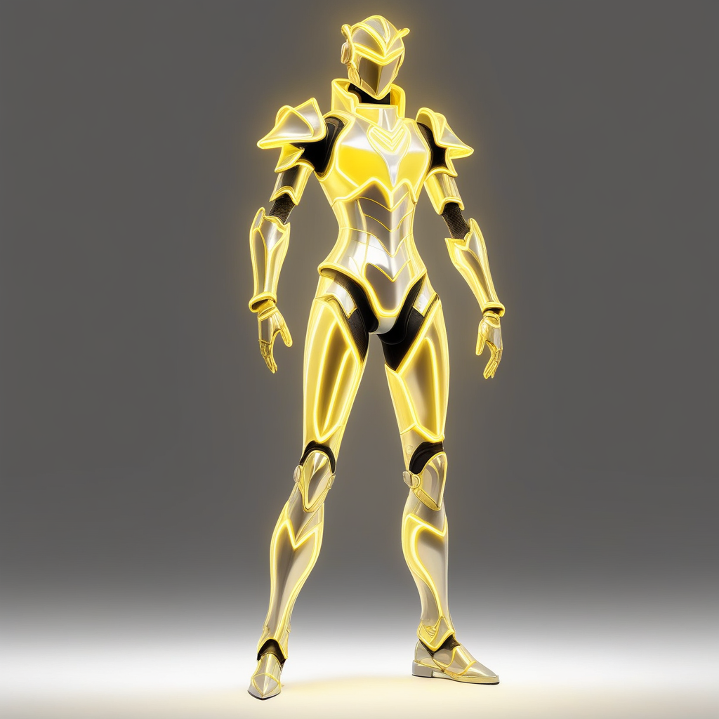 neon armor, gold and silver armour suit, cyber armour, cyber suit, sleek glowing armor