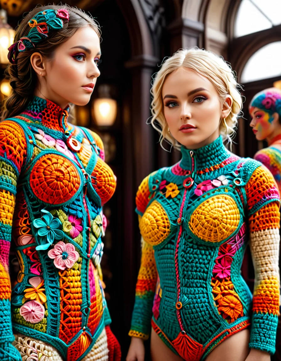 Life-sized humanoid mannequins entirely covered in crocheted skin textures, irregular seams revealing multicolored crocheted organs underneath; hyperrealistic textures using latex and silicone; surreal, unsettling yet captivating; contrasting artificiality and organic forms; intricate, vibrant details; haunting yet thought-provoking. <lora:SDXLFaeTastic2400:0.4> <lora:extremely_detailed:0.4> extremely detailed, <lora:cr0ch3t3d:1>,cr0ch3t3d, Masterpiece,best quality,hi res,8k,hi res,8k,award winning,(sharp focus, intricate, highly detailed),