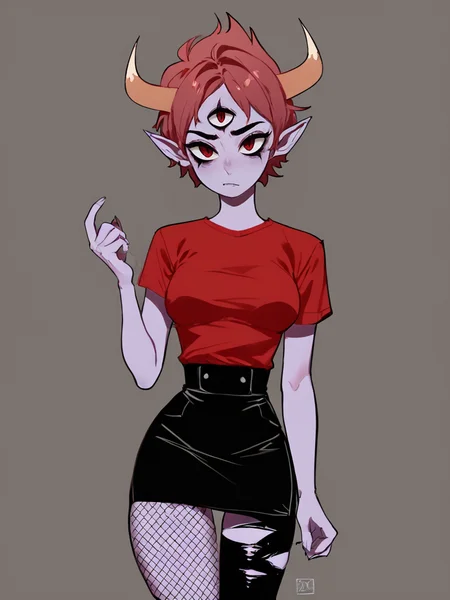 score_6_up,highres <lora:tom:0.8> third eye, tom lucitor, horns, colored skin, pointy ears, short hair, 1girl,red shirts,torn clothes, medium breasts,black skirt,asymmetrical legwear, fishnets, long hair,looking at viewer,