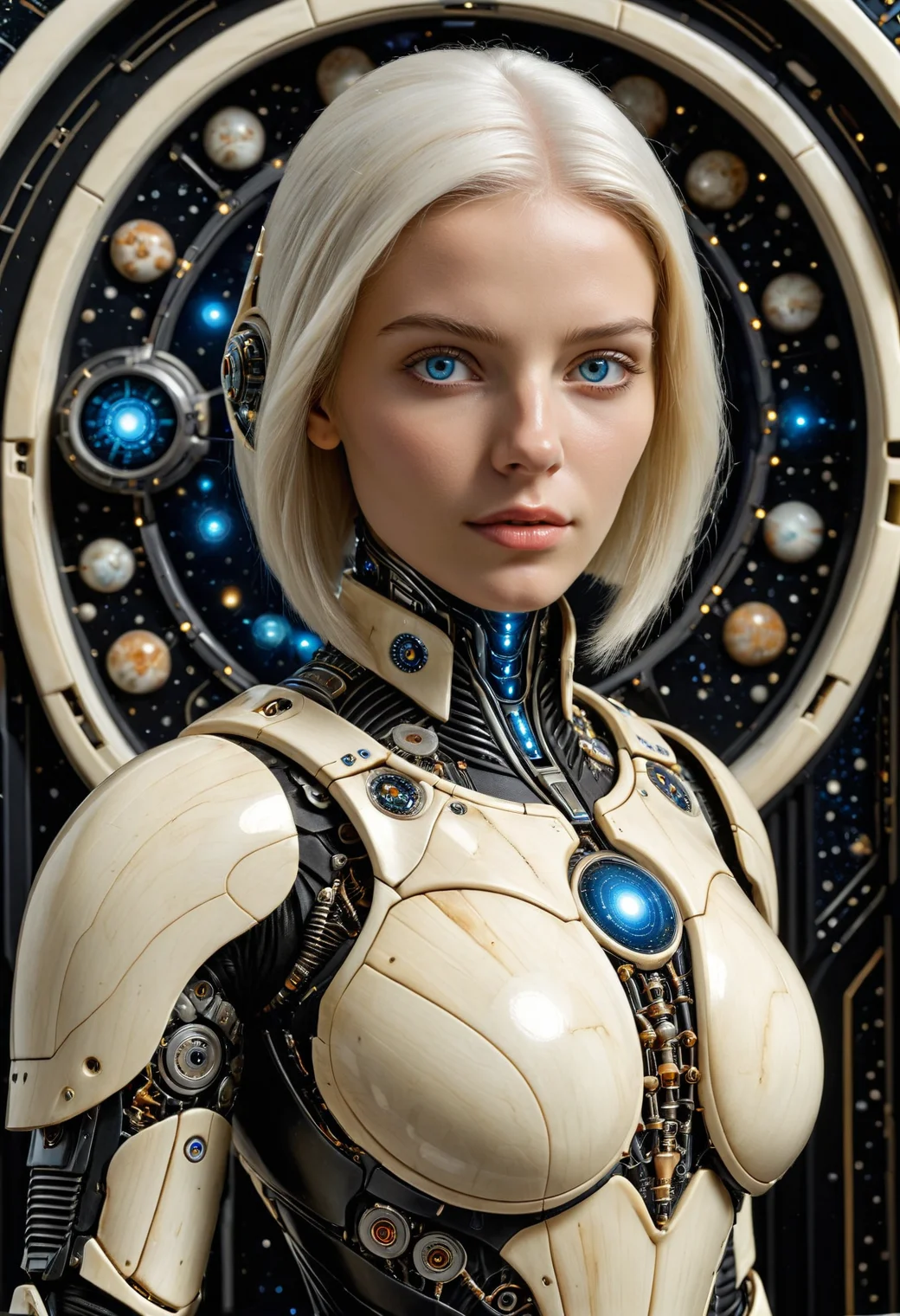 1girl, robot, beautiful, 22yo, blue mechanic eyes, glowing eyes, (adult:1.3), safe,
white hair, bob cut,
spaceship interior, depth of field, face focus, dramatic lighting, detailed shadows,
futuristic armor made out of, ebony, ivory, scrimshaw, bone carving, armored,
<lora:Ebony_and_Ivory_Scrimshaw_style_-_SDXL:1>,, masterpiece, best_quality, amazing_quality, very_aesthetic, 8k, high_quality, highres, absurdres, subject_focus,, detailed eyes, perfect eyes, realistic eyes,, mechanical limbs, cyborg, cybernetic, futuristic, mechanical joints,