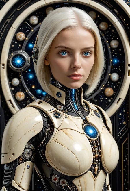 1girl, robot, beautiful, 22yo, blue mechanic eyes, glowing eyes, (adult:1.3), safe,
white hair, bob cut,
spaceship interior, depth of field, face focus, dramatic lighting, detailed shadows,
futuristic armor made out of, ebony, ivory, scrimshaw, bone carving, armored,
<lora:Ebony_and_Ivory_Scrimshaw_style_-_SDXL:1>,, masterpiece, best_quality, amazing_quality, very_aesthetic, 8k, high_quality, highres, absurdres, subject_focus,, detailed eyes, perfect eyes, realistic eyes,, mechanical limbs, cyborg, cybernetic, futuristic, mechanical joints,