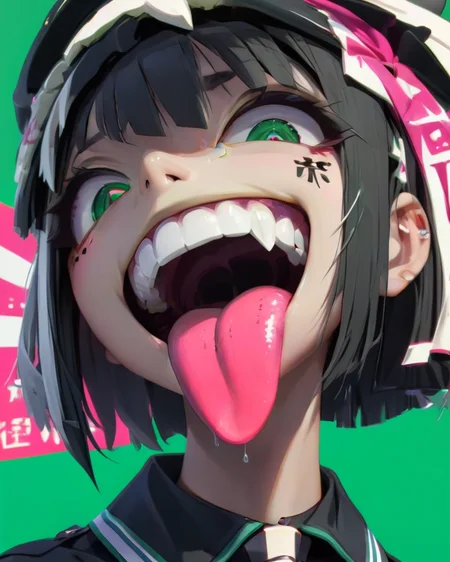 <lora:Punk_Anime_XL:1>,
1girl, bangs, black hair, blunt bangs, cross-shaped pupils, drooling, facial mark, fangs, green background, long hair, looking at viewer, open mouth, piercing, pink eyes, saliva, school uniform, short hair, solo, teeth, tongue, tongue out, white hair