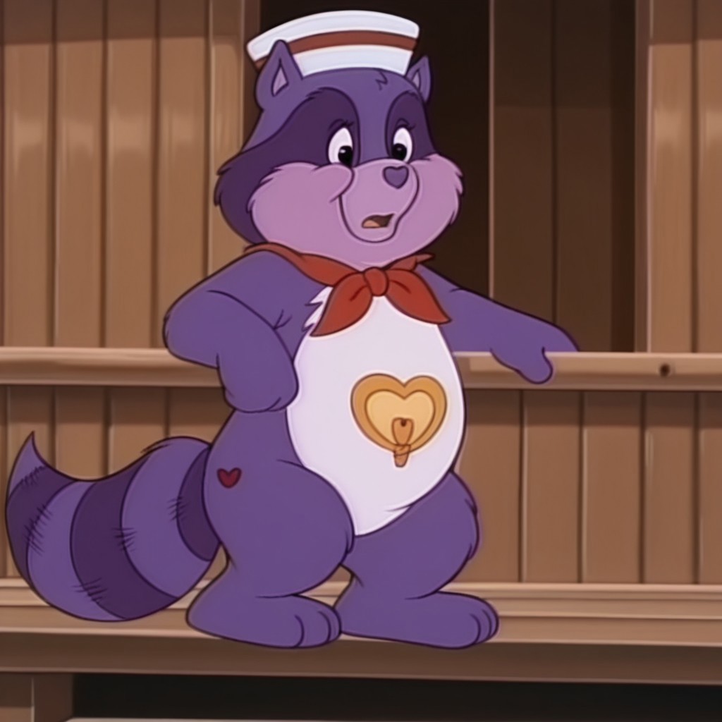 masterpiece, best quality, amazing quality,  brighthrtilv2, semi-anthro, male, raccoon_boy, purple fur, black eyes, tail, white sailor hat, red neckerchief, tummy symbol, on a boat