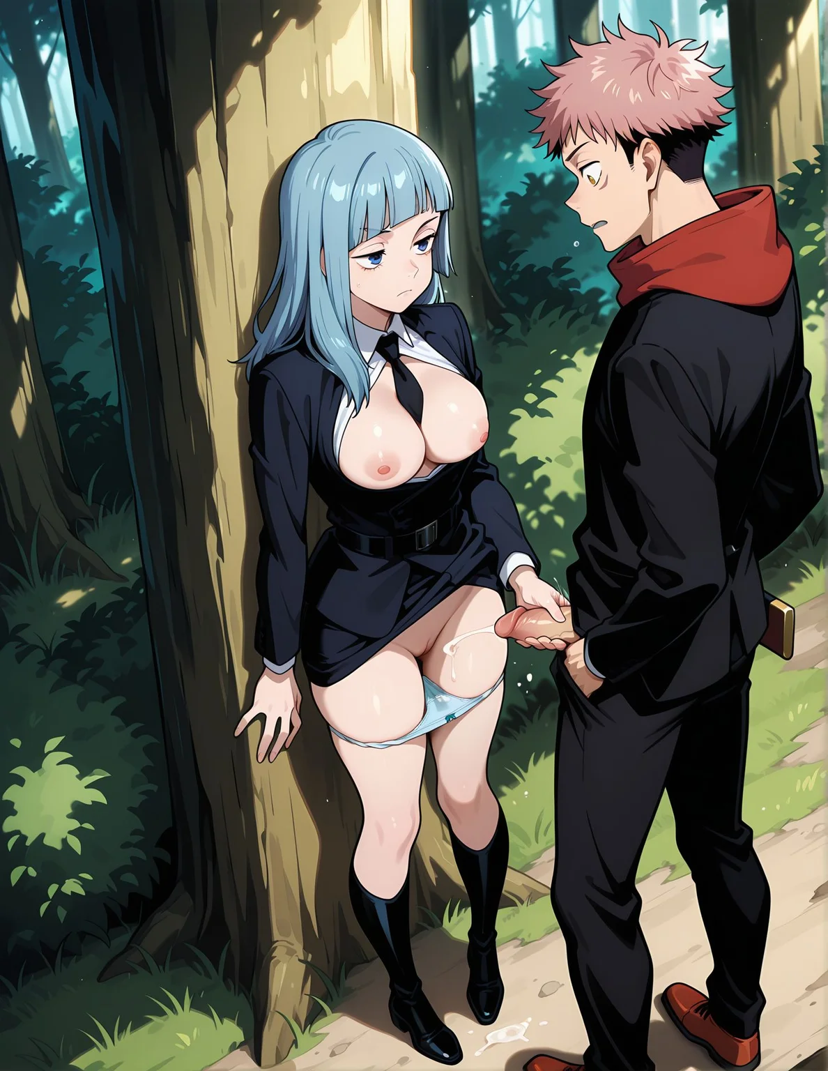 <lora:add-detail-xl:0.5>,,masterpiece,best quality,anime coloring,anime screenshot,
<lora:cum_in_panties:0.7>Cum_in_PantiesV1,
full body, naughty face, cleavage, front view,
Girl with back against wall, lifting own clothes,
cum in panties, 1girl, 1boy, standing, underwear,
panties, crotch seam, hetero, penis,one breasts out,
pussy, cum, erection, panty pull, ejaculation, handjob ,
BREAK
itadori yuuji,
milf, 20YO,
<lora:Kasumi:0.8>Kasumi, long hair, bangs, blue eyes, shirt, long sleeves, blue hair, jacket, white shirt, outdoors, necktie, collared shirt, pants,blunt bangs, tree, frown, black pants, formal, suit, grass, sheath, nature, black necktie, forest, bush, pant suit,
