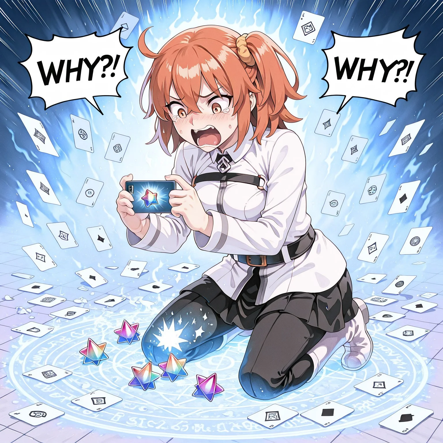 1girl, fujimaru ritsuka \(female\), uniform, kneeling, WHY?!, speech bubble, tearing up, screaming, looking down, saint quartz \(fate\), too many saint quartz \(fate\), smartphone, (holding smartphone:1.1), summoning circle, blue, summoning circle, card, too many card, tile, masterpiece, best quality, amazing quality,
