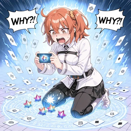 1girl, fujimaru ritsuka \(female\), uniform, kneeling, WHY?!, speech bubble, tearing up, screaming, looking down, saint quartz \(fate\), too many saint quartz \(fate\), smartphone, (holding smartphone:1.1), summoning circle, blue, summoning circle, card, too many card, tile, masterpiece, best quality, amazing quality,