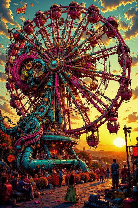 ferris wheel, golden hour, woman, very intricate, very detailed, sharp, bright, colorful, <lora:Hand v2:0.5> <lora:Anti-Blur:1><lora:Insane Detail Slider:0.25>  <lora:flux.1_lora_flyway_Epic-detail_v2:0.3> <lora:fluxenhancer:0.25><lora:ck-Neon-Retrowave:0.4> ck-rw, in the style of ck-rw,  <lora:Neurocore Anime Cyberpunk:0.8> A digital artwork in the style of cknc