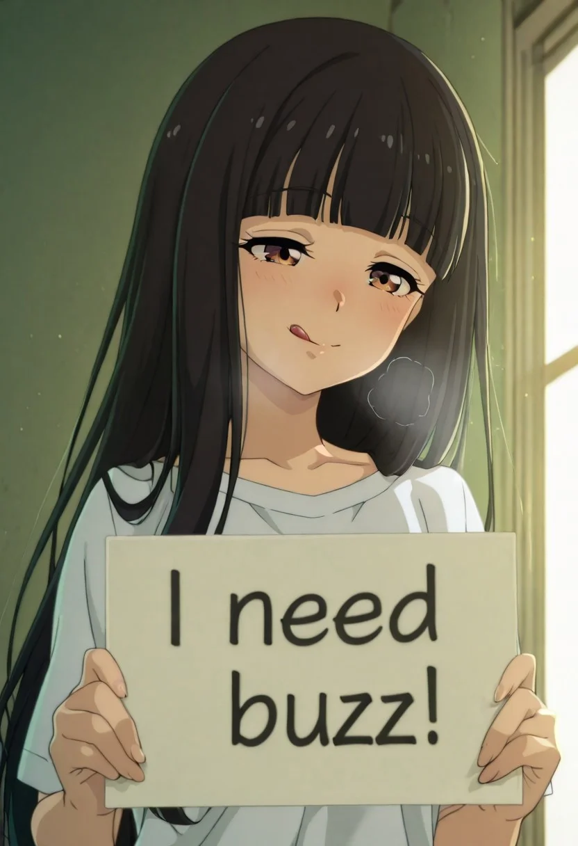 nukumizu kaju (wink, licking lips), brown eyes, black hair, long hair, blunt bangs, anime_screencap, heavy_breathing, cinematic lighting, soft shadows, 4k, masterpiece, best quality, ultra detailed, need_buzz, holding sign