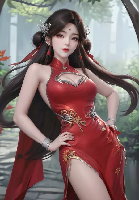 looking_at_viewer,cowboy_shot,(hand_on_hip:1.4),1girl,solo,dress,(face light:1.5),hair ornament,portiart,from front,masterpiece,(best quality),official art,extremely detailed cg 8k wallpaper,((crystalstexture skin)),(extremely delicate and beautiful),solo,photo_\(medium\),hiqcgbody,chinese background,(smile:0.4),red cheongsam,eye-contact,jewelry,long hair,<lora:huolinger_V2-000008:1>,