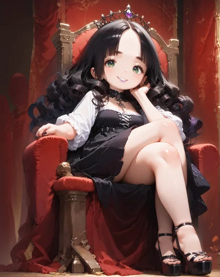 score_9, score_8_up, score_7_up, score_6_up, source_anime, rating_safe, ah1, 1girl, (curly hair), long hair, (black hair), mature female, (parted hair:1.7), (round face), (no_bangs:1.3), (no_fringe:1.6), looking at viewer, (thick eyebrows), (curvy), round-chin, (greenish hazel eyes), caucasian, (downturned eyes), <lora:ETO_OCPonyXL:0.5> eto_oc, skindentation, plump, thick thighs, wide hips, busty, voluptuous, kinky curls, lips, bad-hands-5, (sitting on a throne, a wicked grin under a heavy crown), (in Elven Library with Ancient Scrolls and Elaborate Bookshelves), ((crossed legs)), <lora:venus body PonyXL:0.8>, <lora:xl_more_art-full_v1:0.4>, <lora:shinyskin2:0.3> glistening skin, <lora:aesthetic_anime_v1s:0.4>, <lora:Expressive_H:0.4> Expressiveh, <lora:hairdetailpxl:0.4> hairdetailpxl, <lora:EpicF4nta5yXL:0.4>, <lora:detailxl:0.4> detailxl, <lora:Fant5yP0ny:0.4>, best quality, amazing quality, best aesthetic, absurdres, <lora:expressive eyes:0.4> expressive eyes, (from below, from side (focus on knees)), <lora:eyedetailpxl:0.4> eyedetailpxl, elegant gothic girl, dark victorian, long-sleeve top with trumpet sleeves, maxi skirt with gothic patterns, gothic dress, patterned stockings, wedge heels with dark accents, deep purple lipstick, smokey eyeshadow, dramatic eyeliner, black nail polish, pale skin, gothic rings,