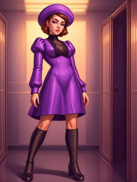 (Vector image:1.3) of (Technical illustration:1.3) <lora:LCM_LoRA_Weights_SD15:0.8> Maria_Valez wearing prairie-style dress with a cinched waist and lace detailing, paired with knee-high boots or ankle boots and a wool beret, Cubicles,(by Artist Jon Whitcomb:1.3),(by Artist Syd Mead:1.3),(Flat style:1.3),Illustration,Behance,(CGI Art:1.3)